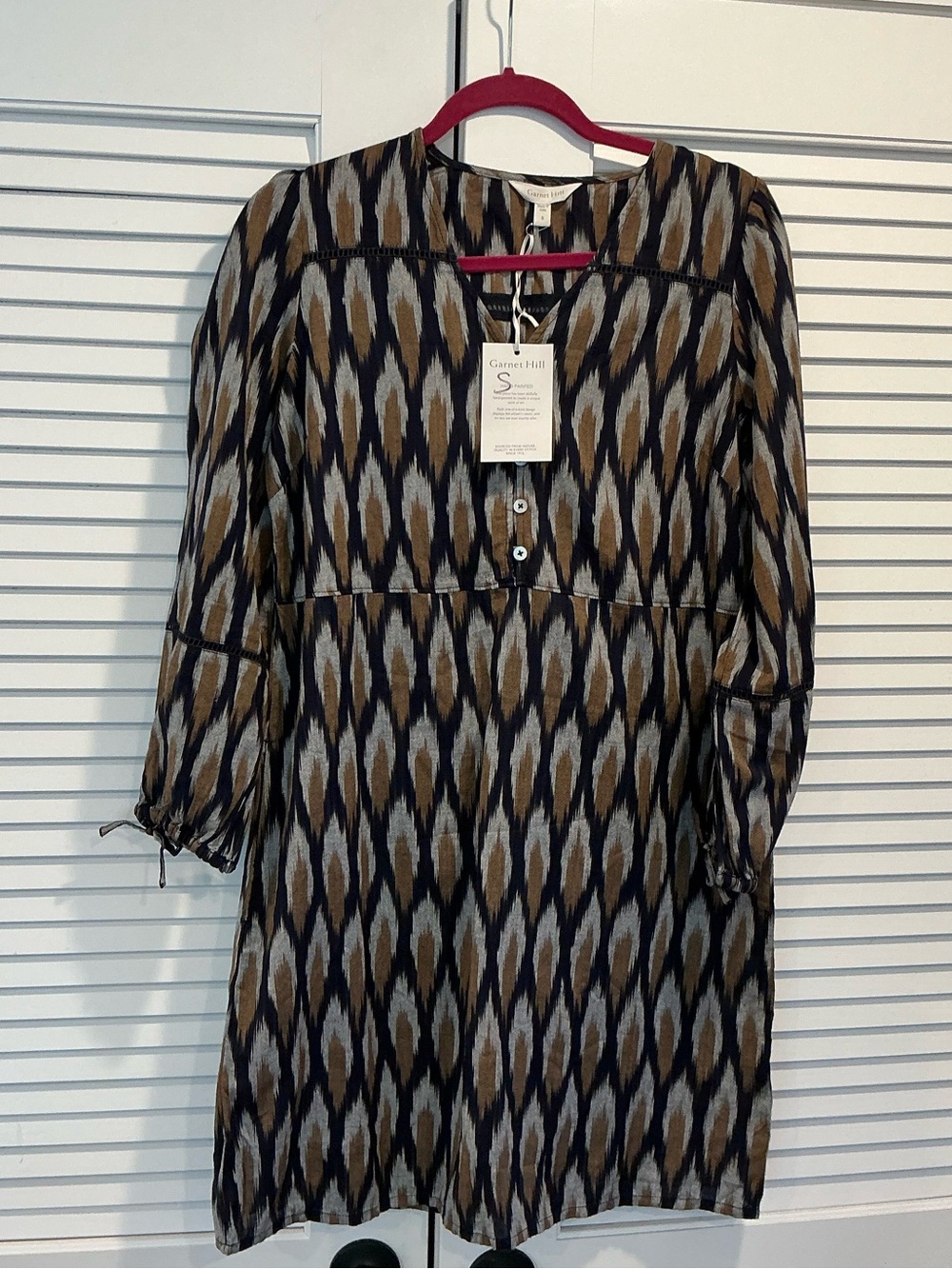 NWT Garnet Hill 100% linen dress Aztec artsy dress Lagenlook side pockets size S